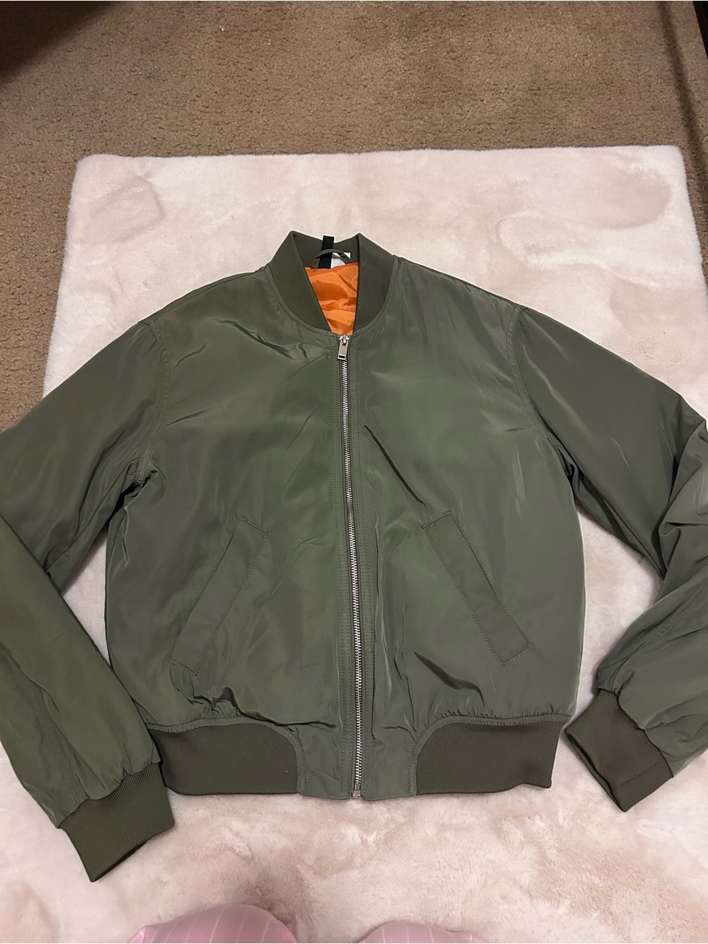 H&M Olive Green Bomber Jacket with Orange Lining